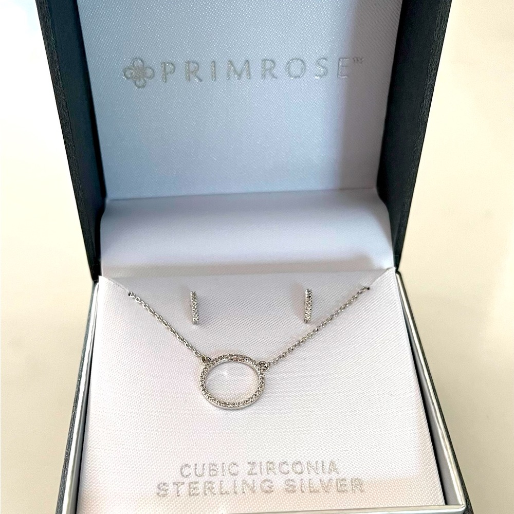 PRIMROSE•sterling cz open circle pendant & bar post earrings box set NIB